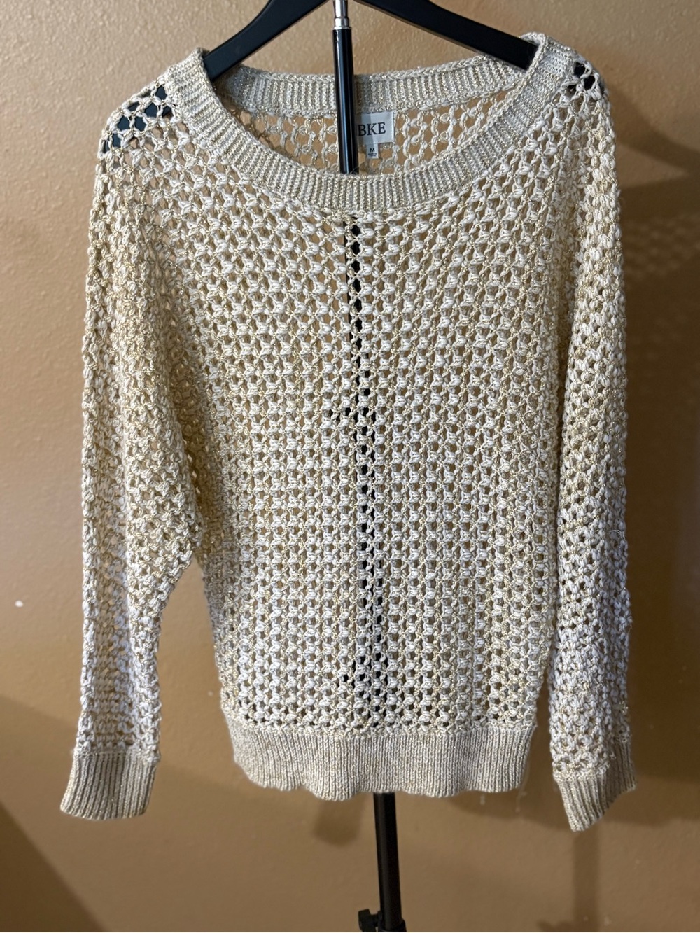 BKE Women's Open-Knit Metallic Round Neck Long Sleeve Pullover Sweater M Beige